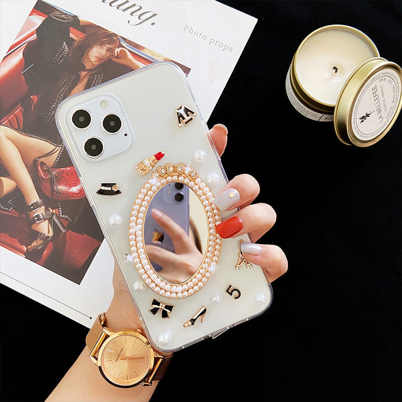 Luxury Transparent 3D Pearl Bow Plating Makeup Mirror Girlish Phone Case for Apple iPhone 13 Pro