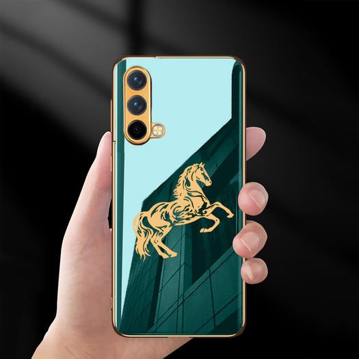 Luxury Horse Pattern Glass Back Case With Golden Edges For Oneplus Nord CE