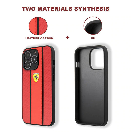 Ferrari Red Pu Leather Carbon Effect & Central Smooth Stripe Back Case with Metal Logo for iPhone 13 - Premium Cases