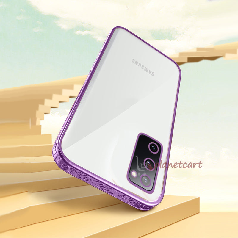 Premium Luxury 3D Flower Carved Plating Electroplated Side Frame Transparent Back Case Cover for Samsung Galaxy S20 FE