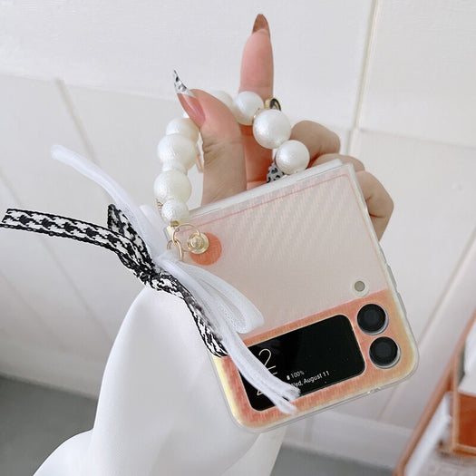 Premium luxury Cute Pearl Hand Chain Pendant Hard Laser Phone Case for Samsung Galaxy Z Flip 3