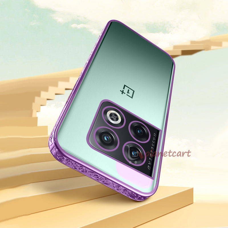 Premium Luxury 3D Flower Carved Plating Electroplated Side Frame Transparent Back Case Cover for OnePlus 10 PRO