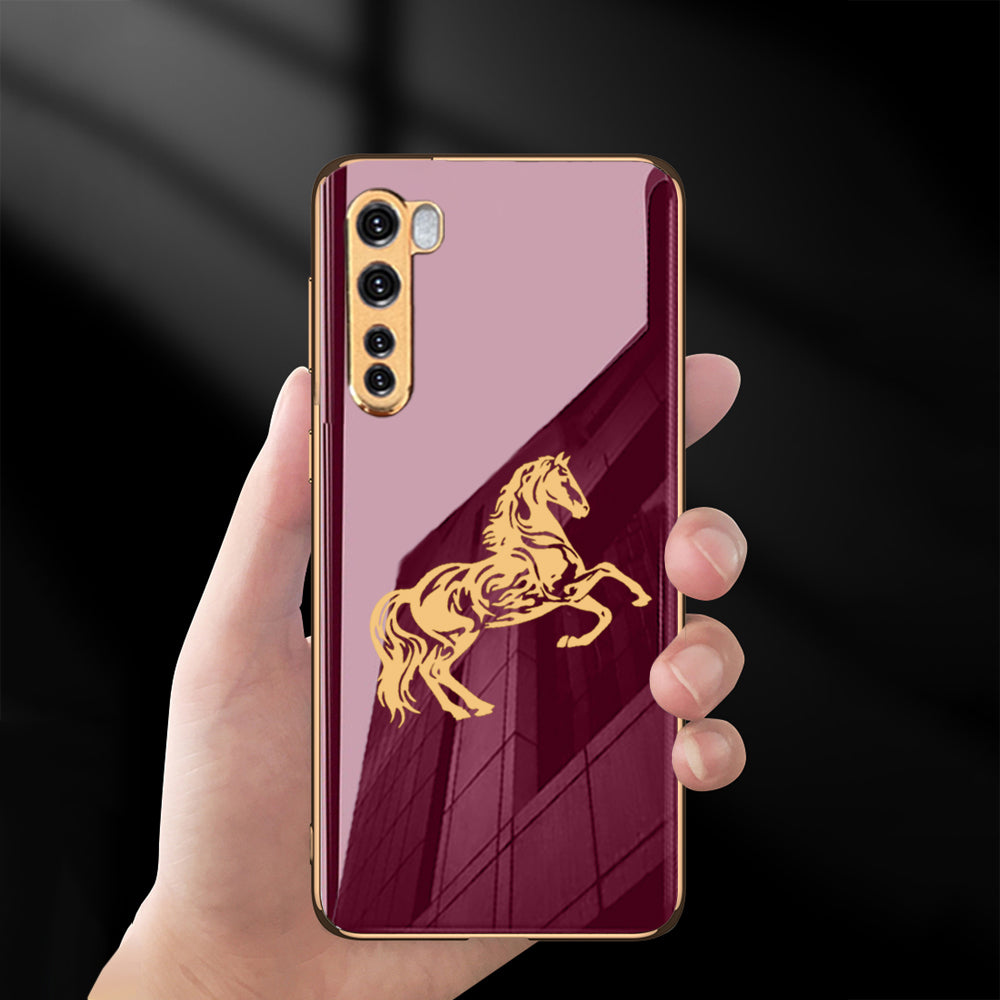 Luxury Horse Pattern Glass Back Case With Golden Edges For Oneplus Nord