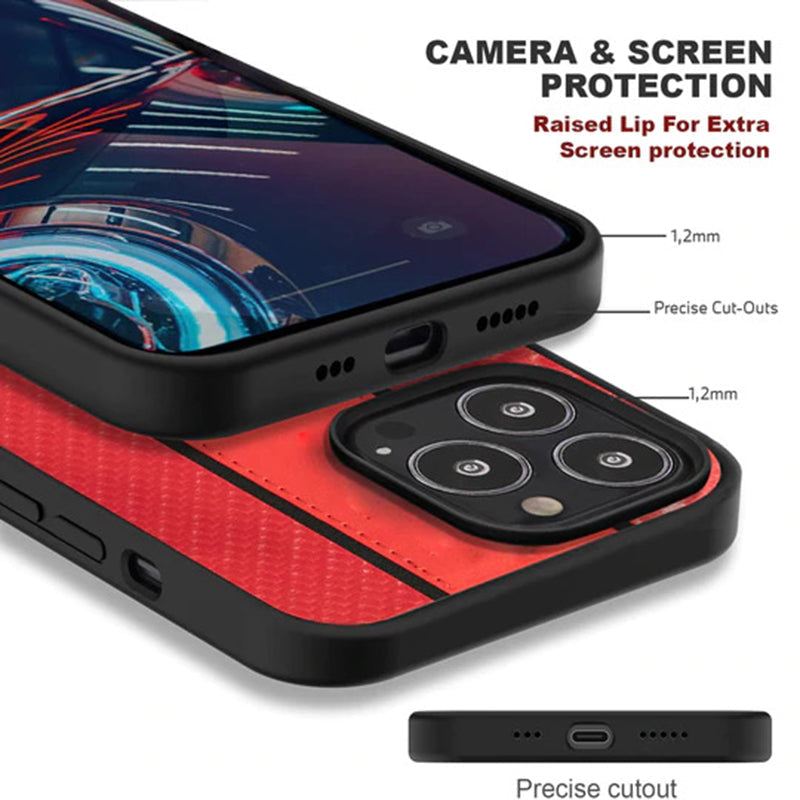 Ferrari Red Pu Leather Carbon Effect & Central Smooth Stripe Back Case with Metal Logo for iPhone 13 - Premium Cases