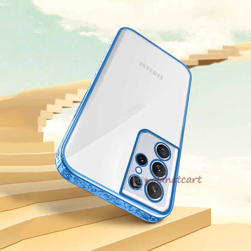 Premium Luxury 3D Flower Carved Plating Electroplated Side Frame Transparent Back Case Cover for Samsung Galaxy S22 Ultra