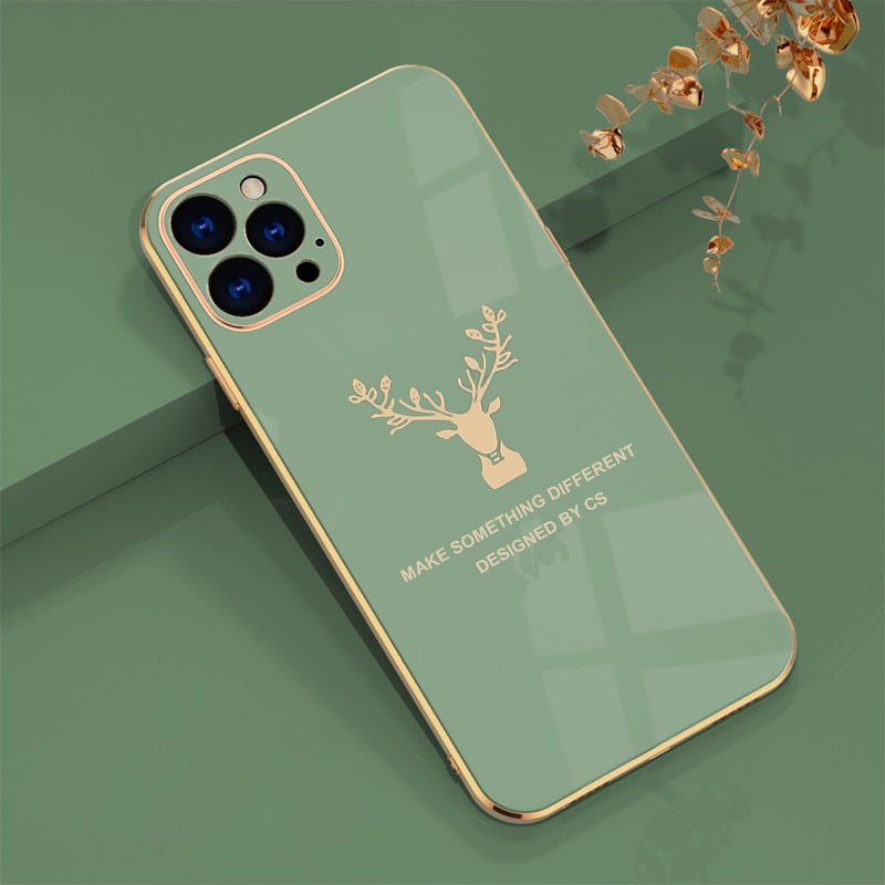 Luxurious Deer Glass Back Case With Golden Edges For iPhone 12 Pro - planetcartonline