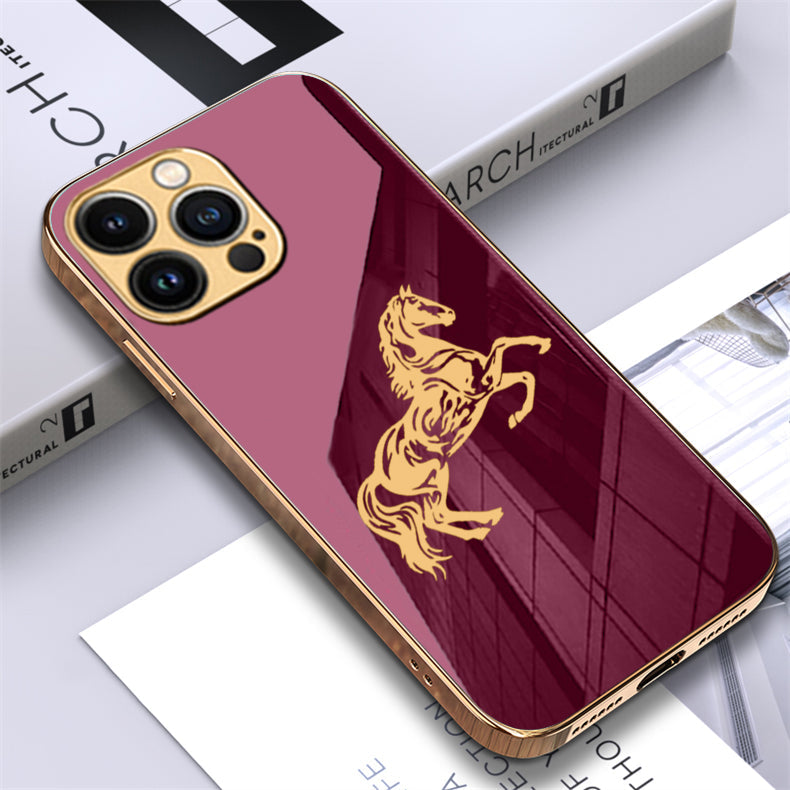 Luxury Horse Pattern Glass Back Case With Golden Edges For iPhone 13 Pro Max