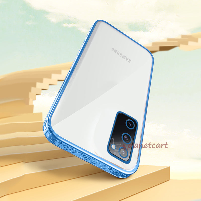 Premium Luxury 3D Flower Carved Plating Electroplated Side Frame Transparent Back Case Cover for Samsung Galaxy S20 FE