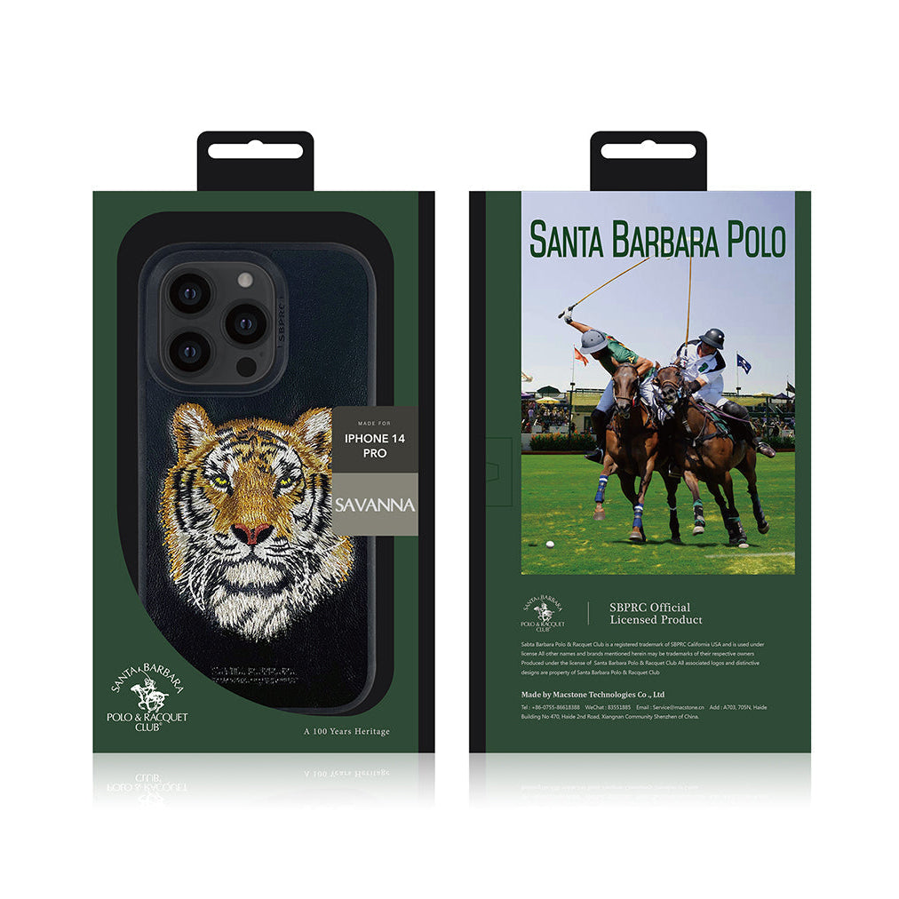 Santa Barbara Savana Series Tiger Embroidery Genuine Leather Case For iPhone 14 Plus