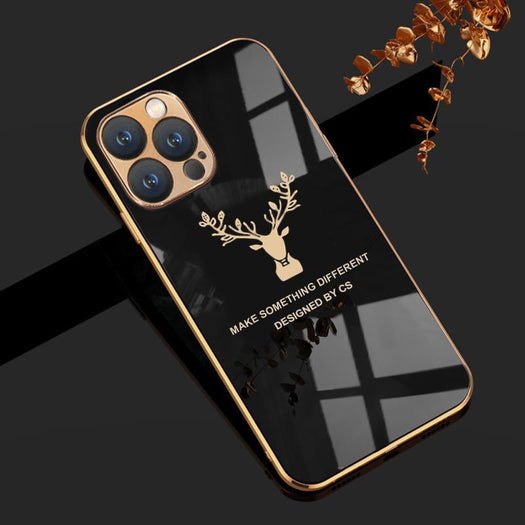 Luxurious Deer Glass Back Case With Golden Edges For iPhone 13 Pro Max - planetcartonline