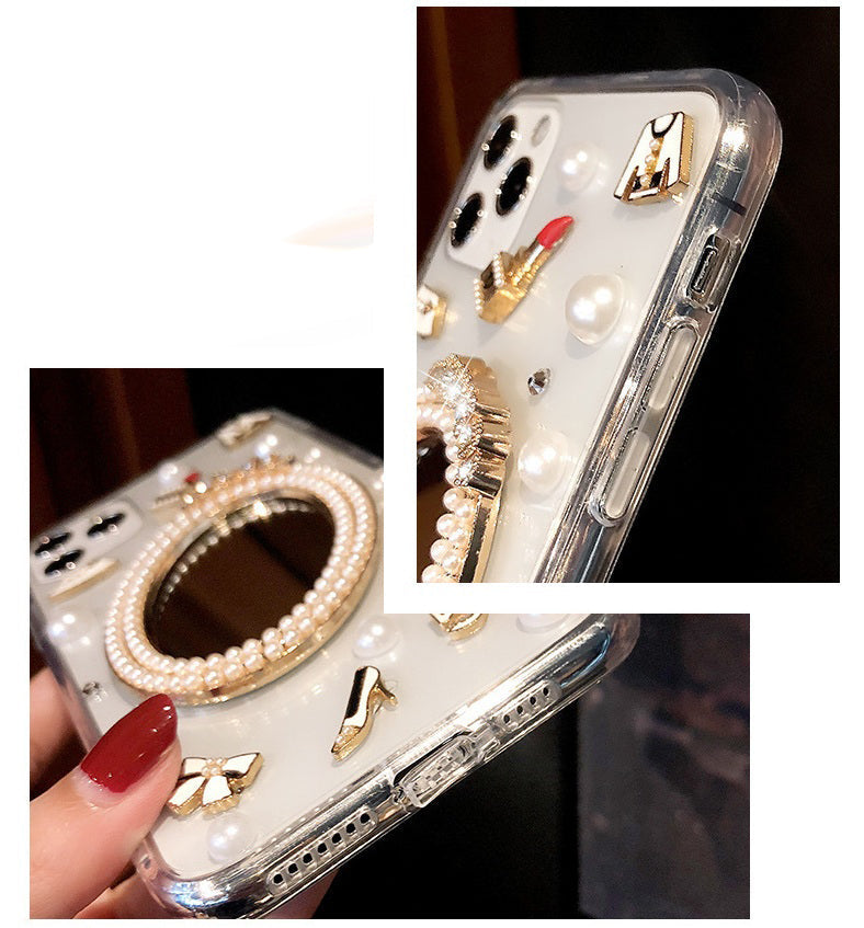 Luxury Transparent 3D Pearl Bow Plating Makeup Mirror Girlish Phone Case for Apple iPhone 12