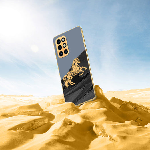 Luxury Horse Pattern Glass Back Case With Golden Edges For Oneplus 8T