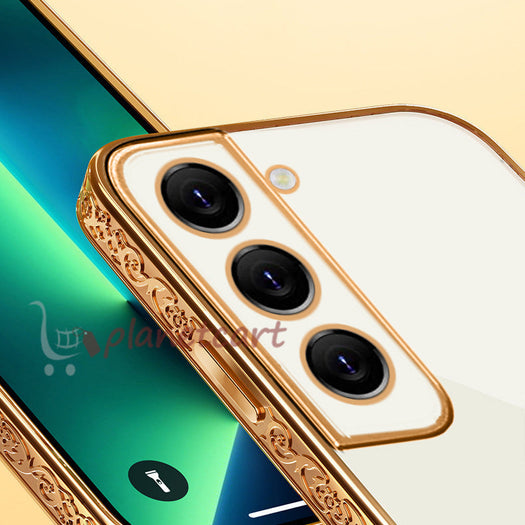 Premium Luxury 3D Flower Carved Plating Electroplated Side Frame Transparent Back Case Cover for Samsung Galaxy S21 Plus