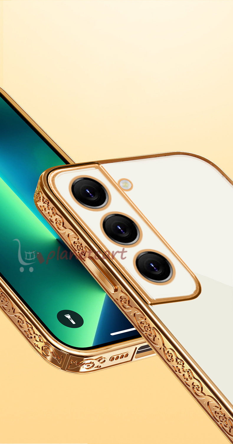 Premium Luxury 3D Flower Carved Plating Electroplated Side Frame Transparent Back Case Cover for Samsung Galaxy S21 Plus