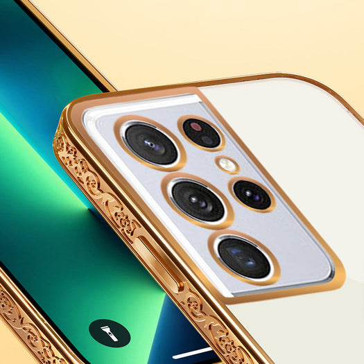 Premium Luxury 3D Flower Carved Plating Electroplated Side Frame Transparent Back Case Cover for Samsung Galaxy S21 Ultra