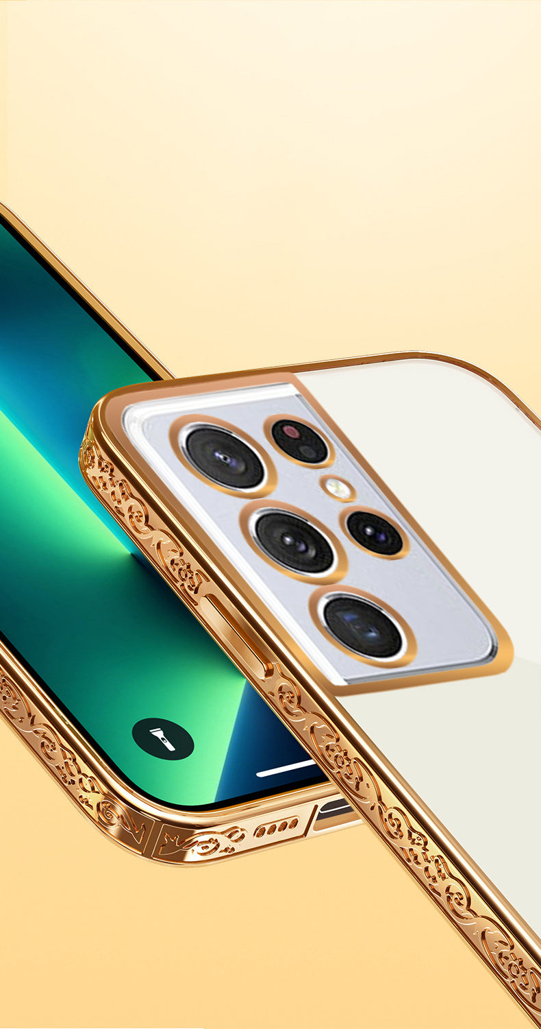 Premium Luxury 3D Flower Carved Plating Electroplated Side Frame Transparent Back Case Cover for Samsung Galaxy S21 Ultra