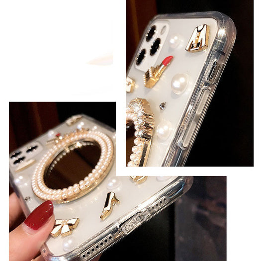 Luxury Transparent 3D Pearl Bow Plating Makeup Mirror Girlish Phone Case for Apple iPhone 13 Pro Max