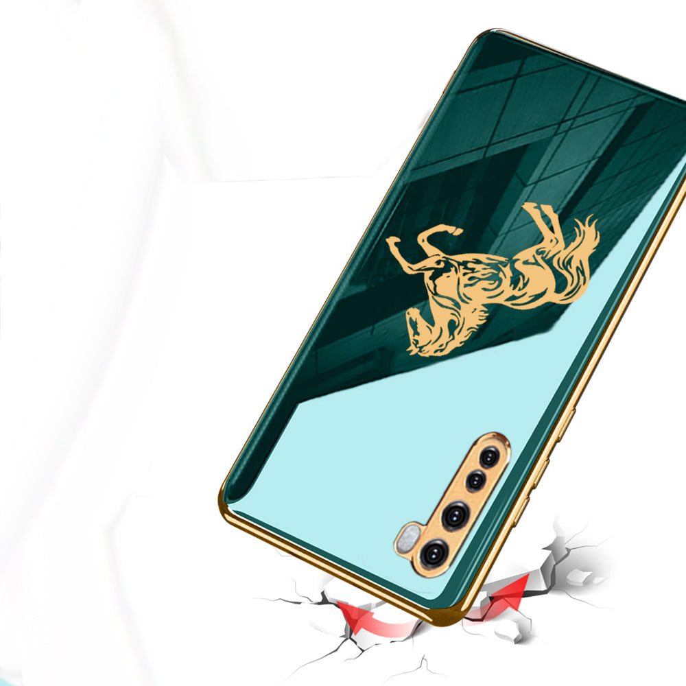 Luxury Horse Pattern Glass Back Case With Golden Edges For Oneplus Nord