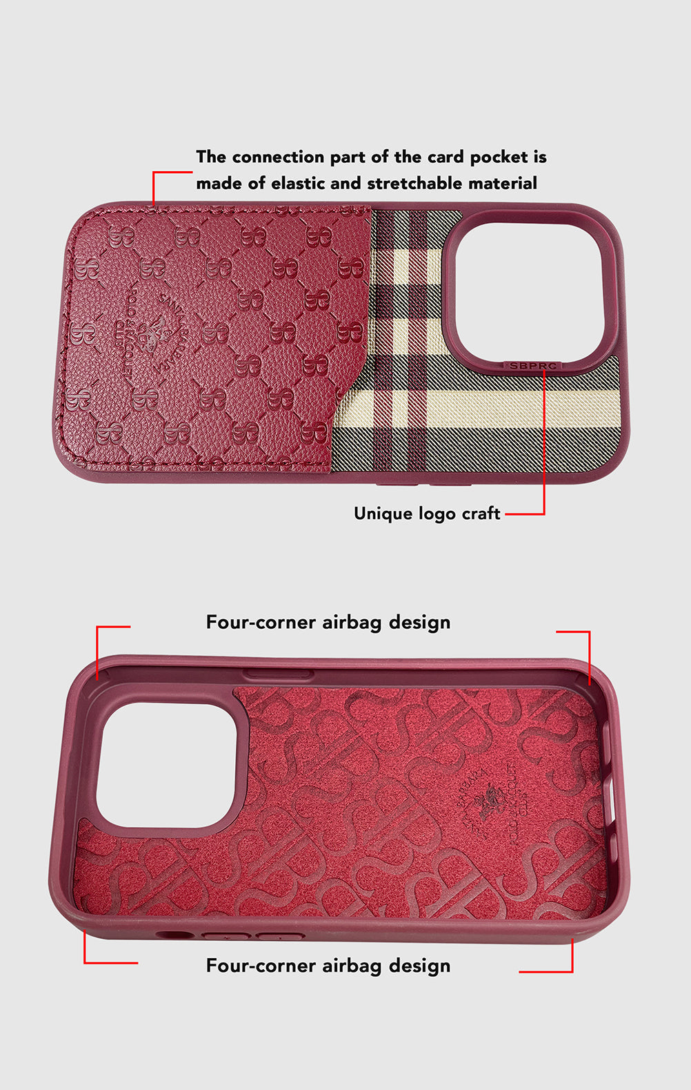 Santa Barbara Classic Plaid Series Genuine Leather Red Case For iPhone 14 Pro Max