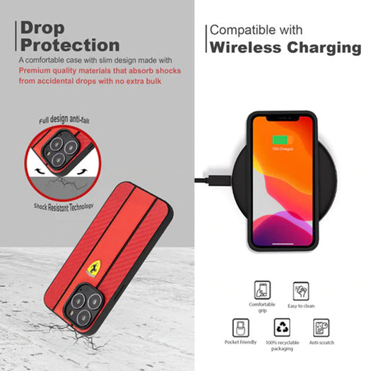 Ferrari Red Pu Leather Carbon Effect & Central Smooth Stripe Back Case with Metal Logo for iPhone 13 - Premium Cases