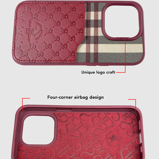 Santa Barbara Classic Plaid Series Genuine Leather Red Case For iPhone 14 Pro