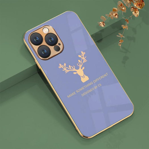 Luxurious Deer Glass Back Case With Golden Edges For iPhone 13 Pro Max