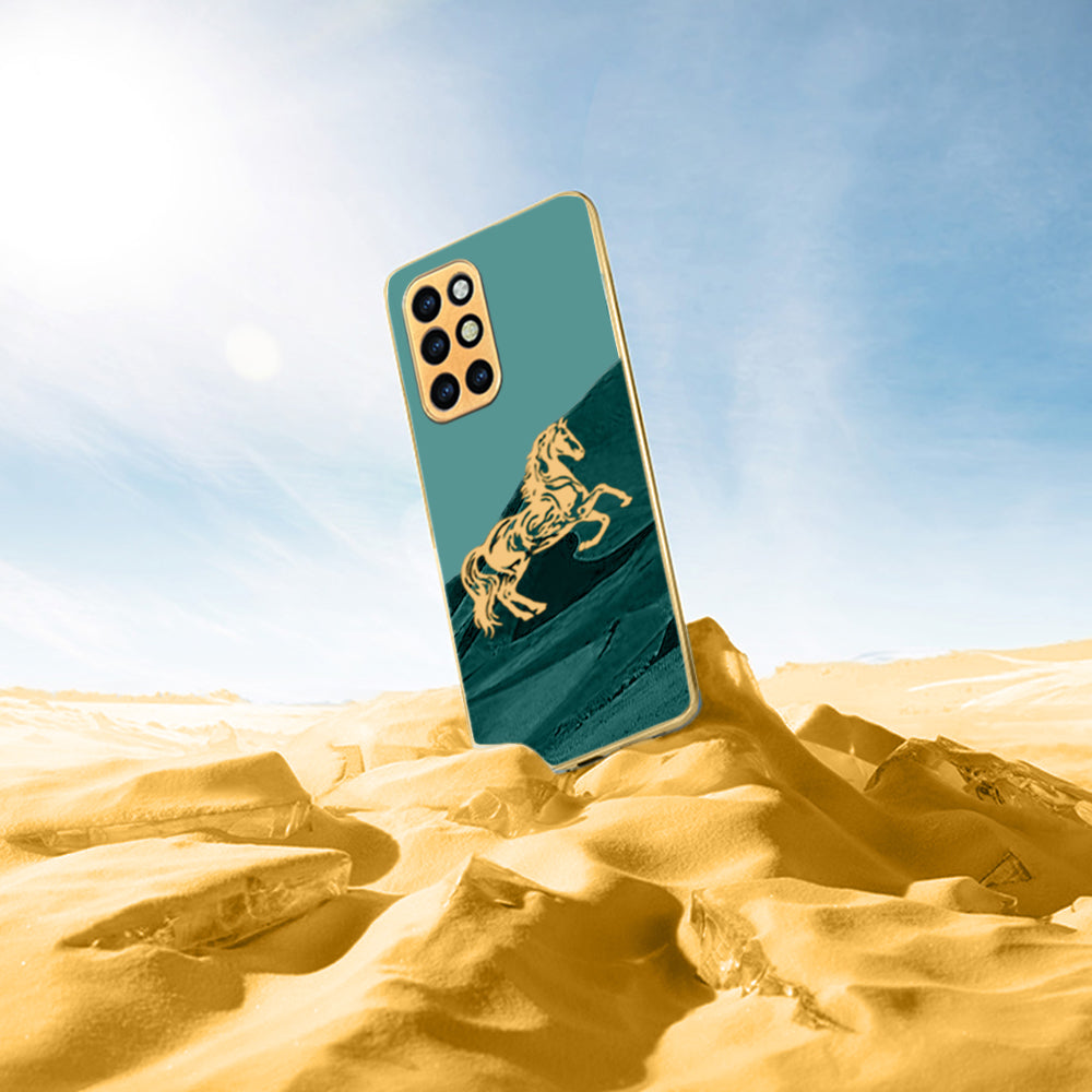 Luxury Horse Pattern Glass Back Case With Golden Edges For Oneplus 8T