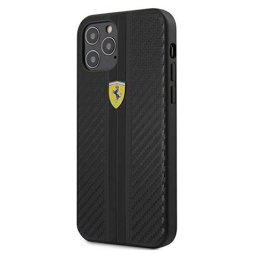 Ferrari Black Pu Leather Carbon Effect & Central Smooth Stripe Back Case with Metal Logo for iPhone 13 Pro Max - Premium Cases