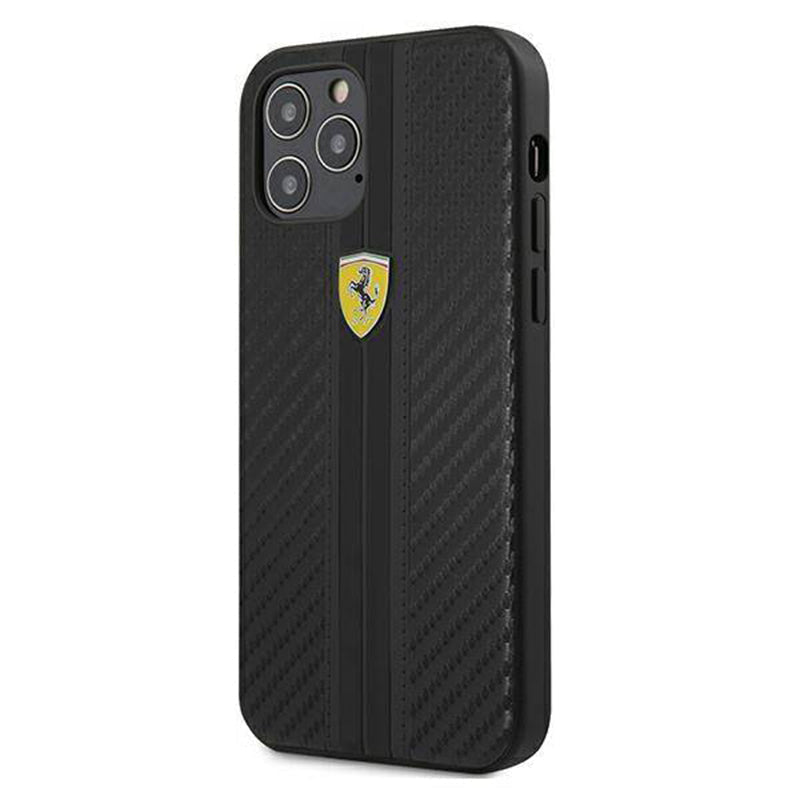 Ferrari Black Pu Leather Carbon Effect & Central Smooth Stripe Back Case with Metal Logo for iPhone 13 Pro Max - Premium Cases
