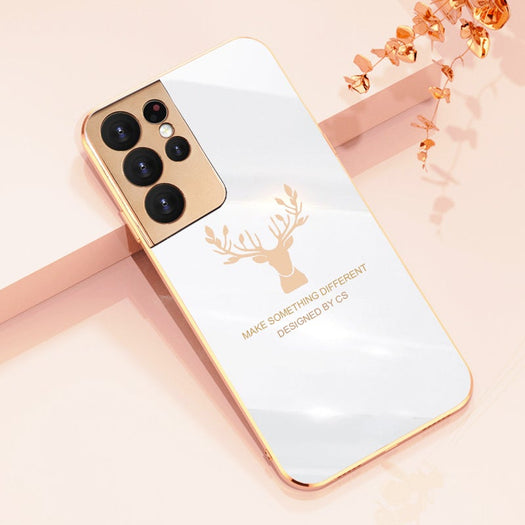 Luxury Silicon Deer Glass Case With Golden Edges For Samsung Galaxy S21 Ultra - planetcartonline