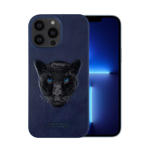 Santa Barbara Savana Series Black Panther Emboidery Genuine Leather Case For iPhone 13 Pro Max - planetcartonline