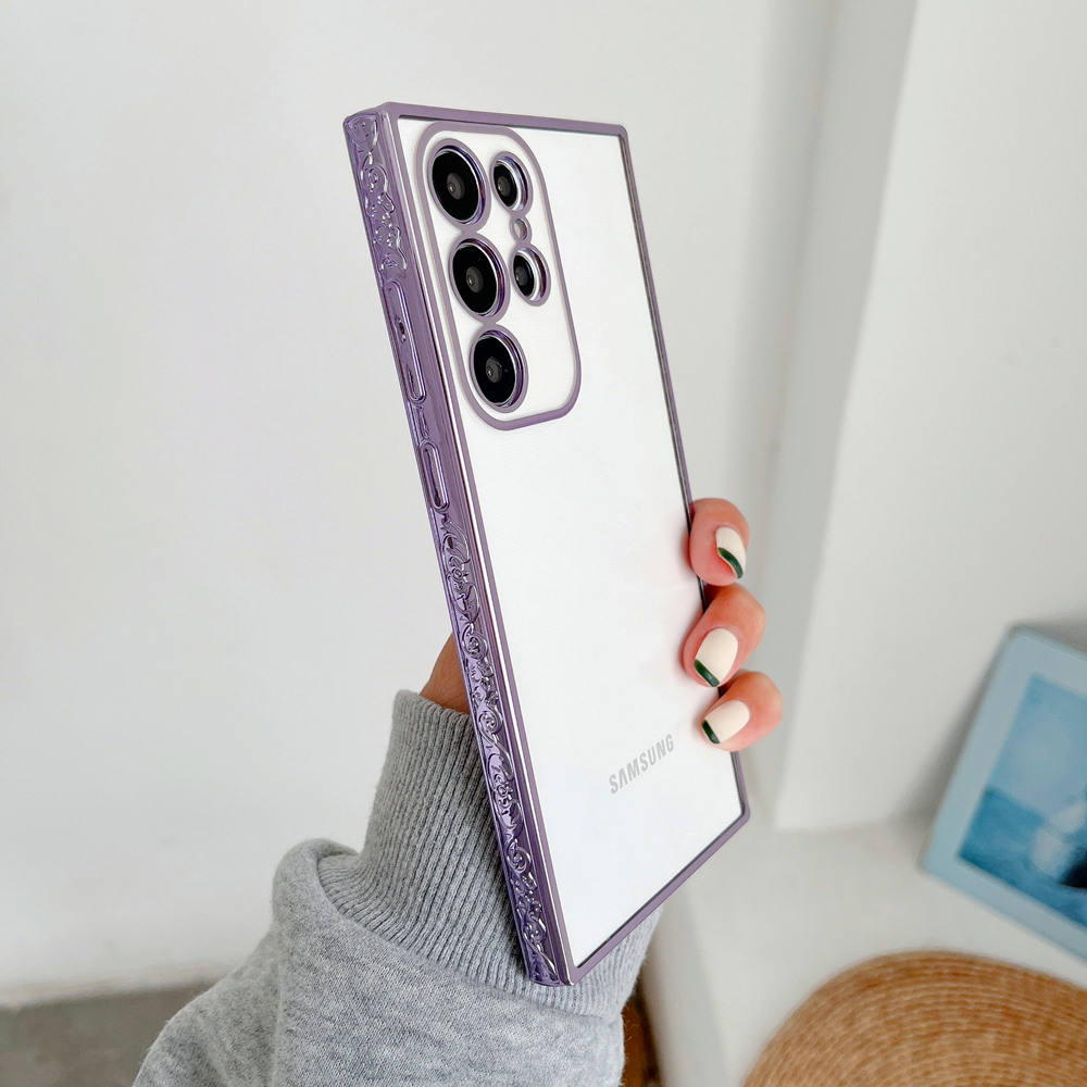 Premium Luxury 3D Flower Carved Plating Electroplated Side Frame Transparent Back Case Cover for Samsung Galaxy S22 Ultra