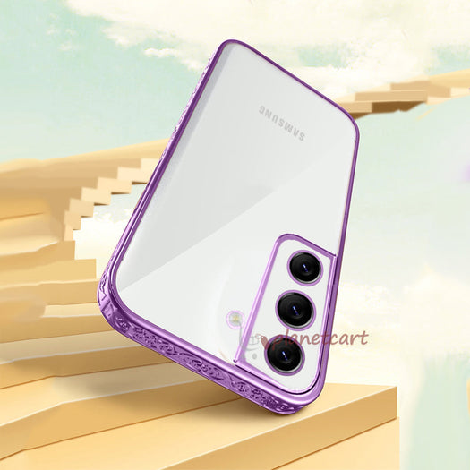 Premium Luxury 3D Flower Carved Plating Electroplated Side Frame Transparent Back Case Cover for Samsung Galaxy S22