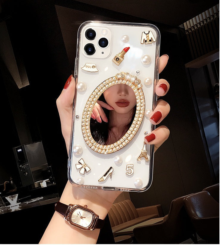 Luxury Transparent 3D Pearl Bow Plating Makeup Mirror Girlish Phone Case for Apple iPhone 13 Pro Max