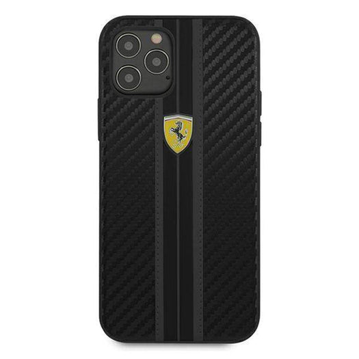 Ferrari Black Pu Leather Carbon Effect & Central Smooth Stripe Back Case with Metal Logo for iPhone 13 Pro Max - Premium Cases