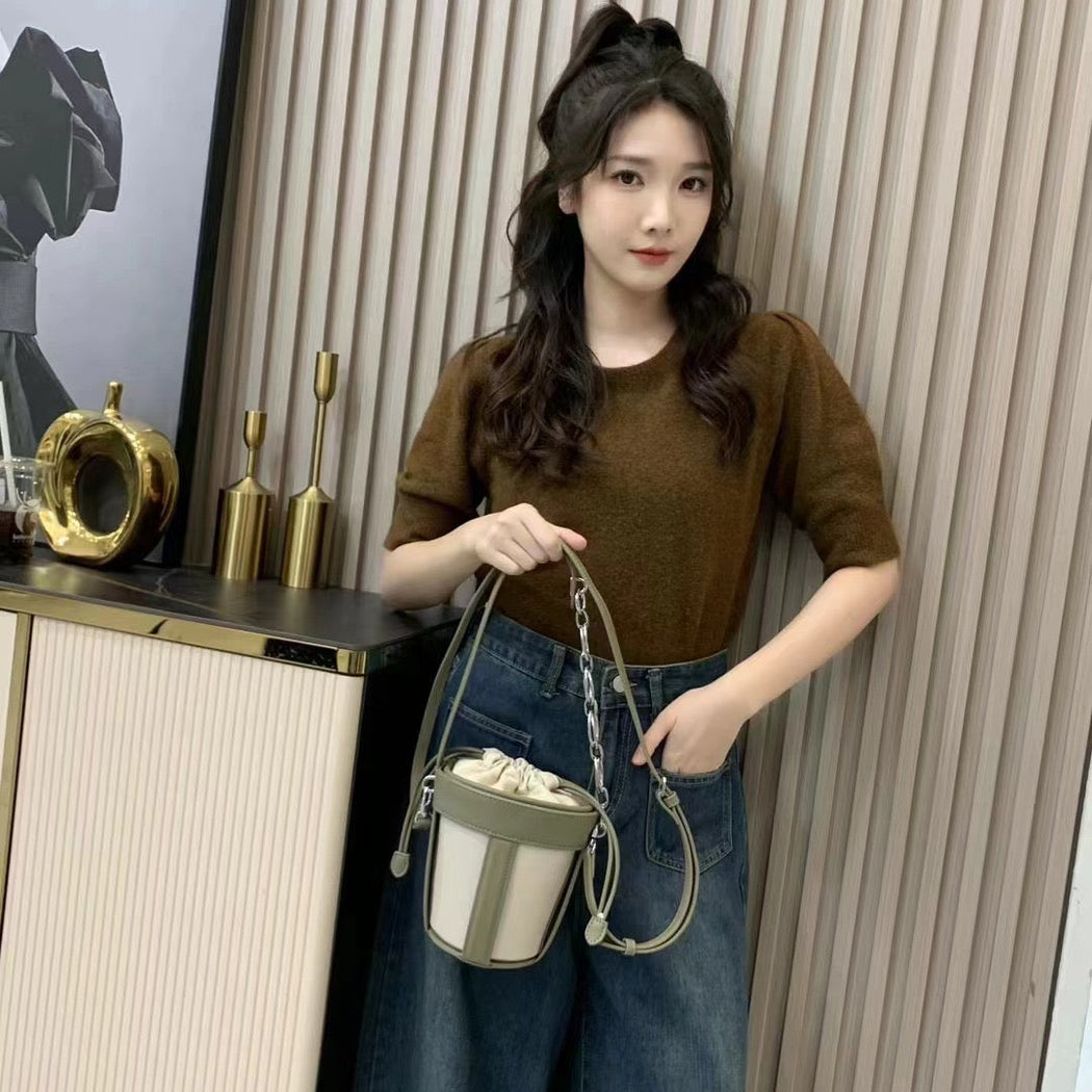 Luxury Leather Dual Shade Barrel Handbag For Female