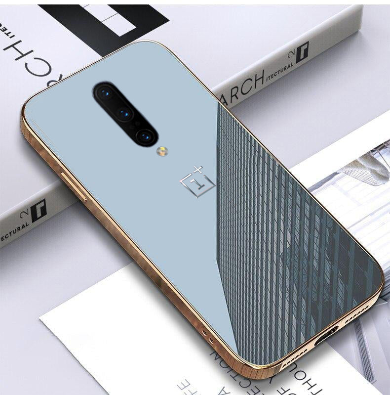 Luxury Glossy Gold Edge Glass Back Case For Oneplus 7 Pro