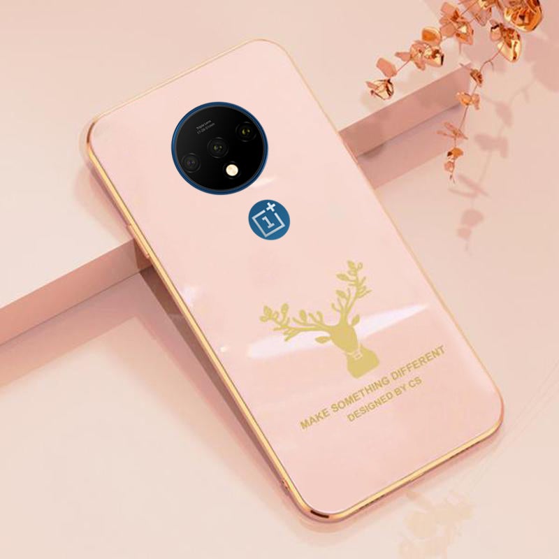 Deer Luxurious Gold Edge Glass Back Case For Oneplus 7T - planetcartonline