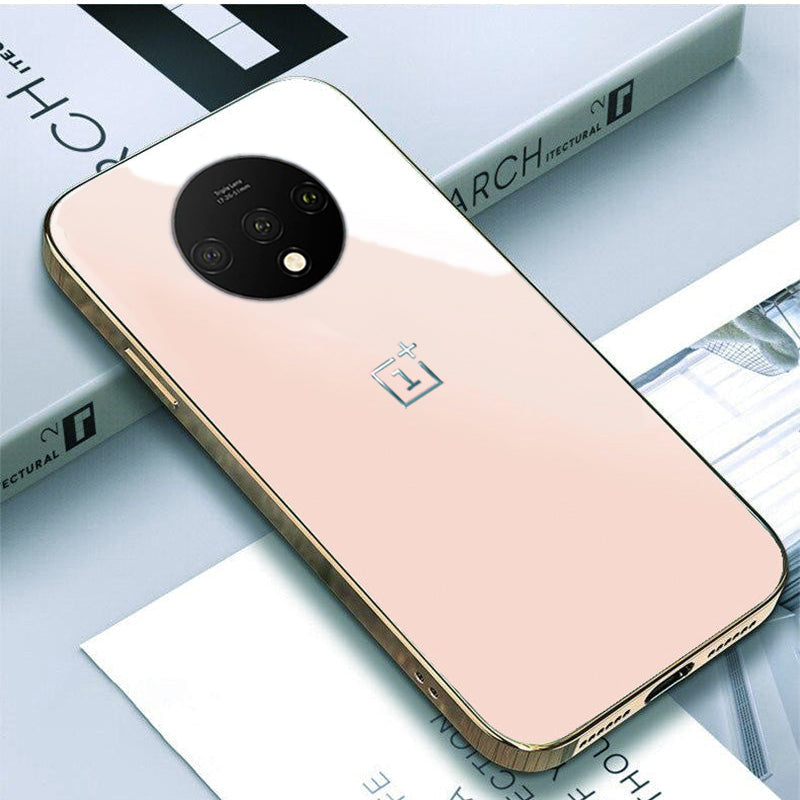 Luxury Glossy Gold Edge Glass Back Case For Oneplus 7T