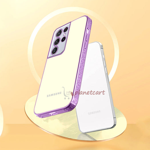 Premium Luxury 3D Flower Carved Plating Electroplated Side Frame Transparent Back Case Cover for Samsung Galaxy S22 Ultra