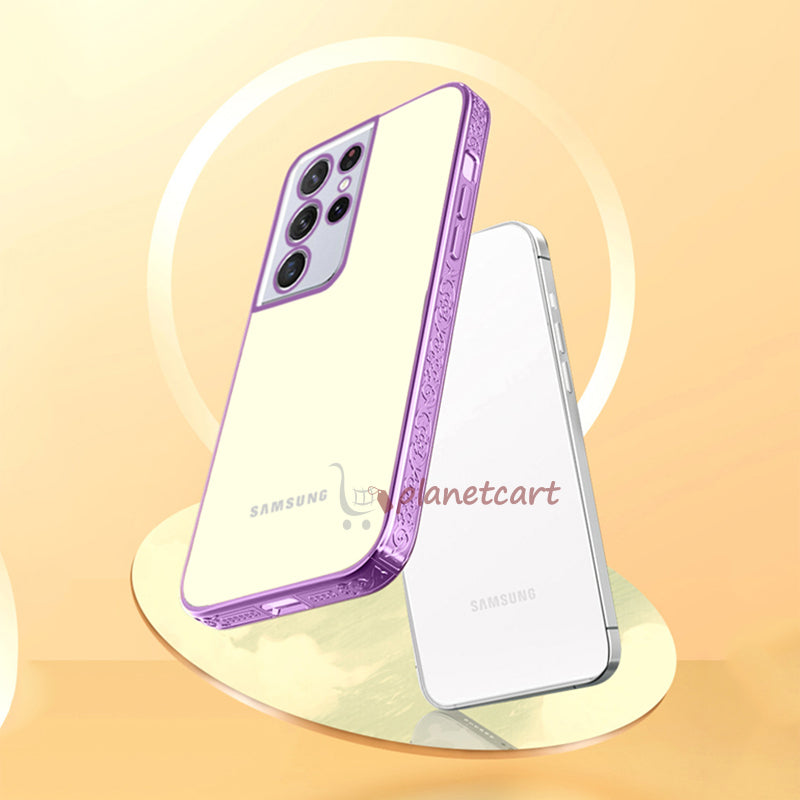 Premium Luxury 3D Flower Carved Plating Electroplated Side Frame Transparent Back Case Cover for Samsung Galaxy S22 Ultra