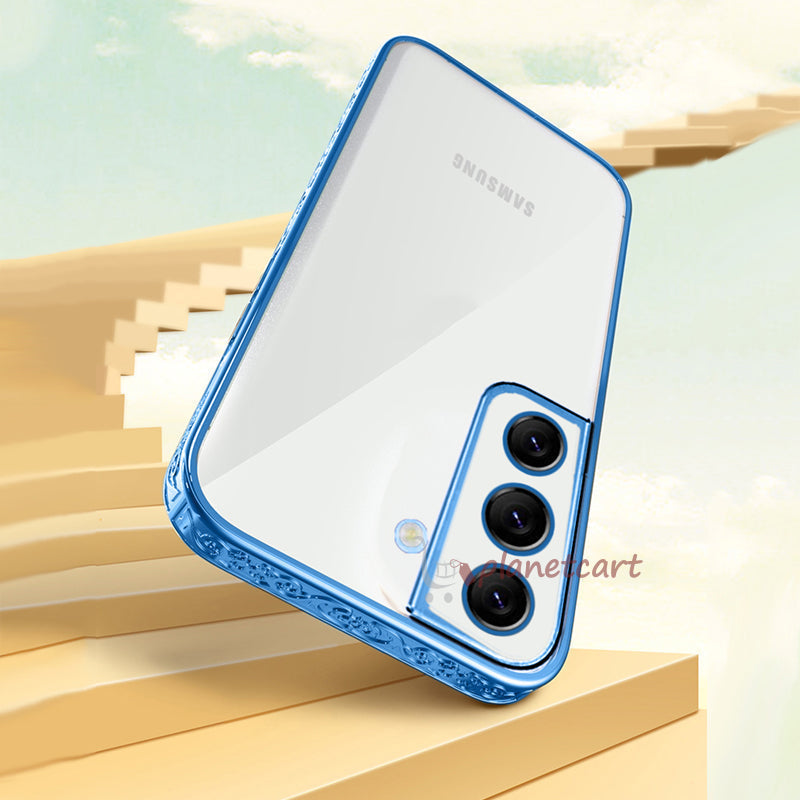 Premium Luxury 3D Flower Carved Plating Electroplated Side Frame Transparent Back Case Cover for Samsung Galaxy S22