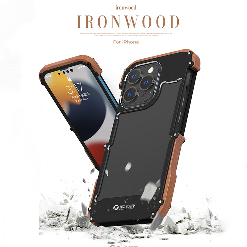 Ironwood Metal and Wooden Armor Bumper Case for iPhone 14