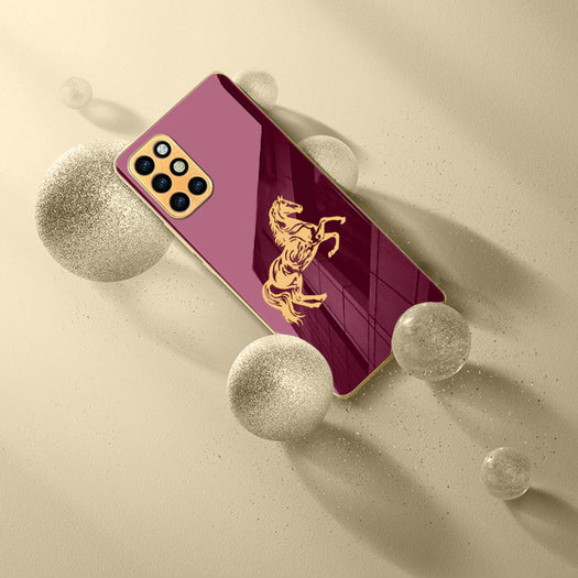Luxury Horse Pattern Glass Back Case With Golden Edges For Oneplus 8T