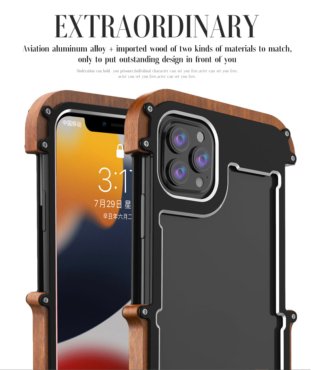 Ironwood Metal and Wooden Armor Bumper Case for iPhone 13