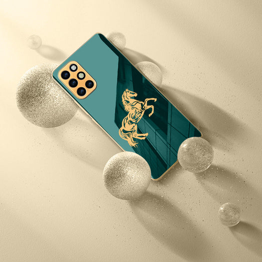 Luxury Horse Pattern Glass Back Case With Golden Edges For Oneplus 8T