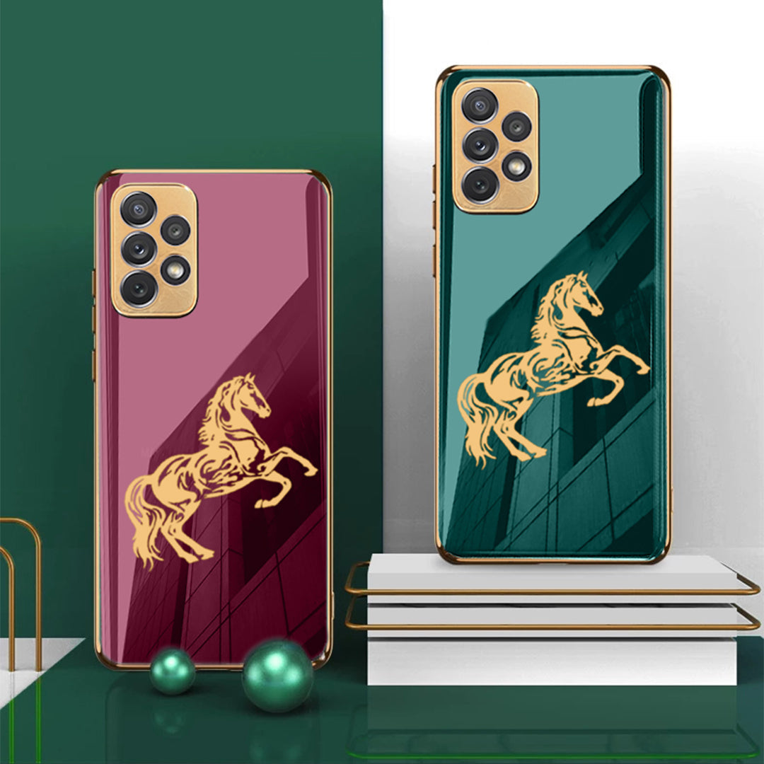 Premium Horse Pattern Glass Back Case With Golden Edges For Samsung A52