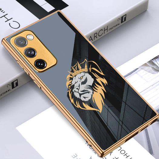 Luxury Premium Glass Lion Back Case With Golden Edges For Samsung S20FE