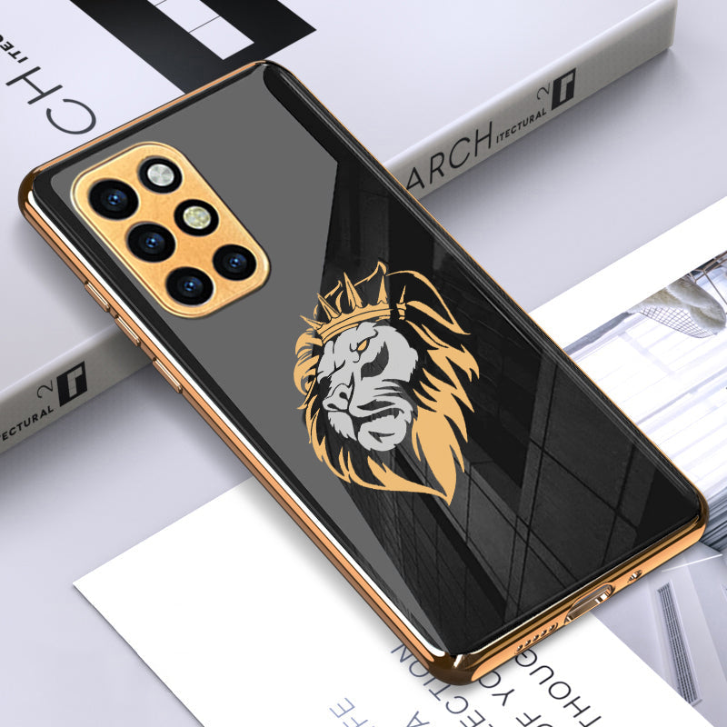 Luxury Premium Glass Lion Back Case With Golden Edges For Oneplus NORD,8T