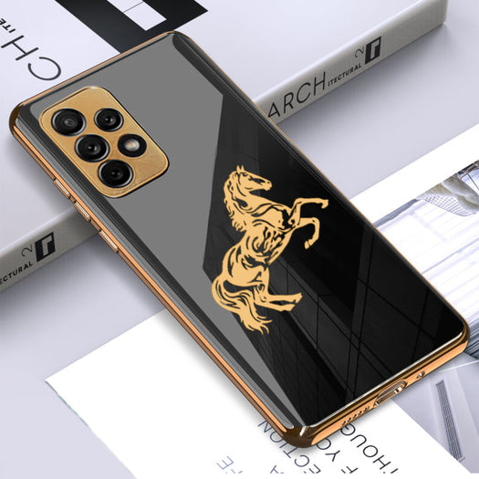 Premium Horse Pattern Glass Back Case With Golden Edges For Samsung A52